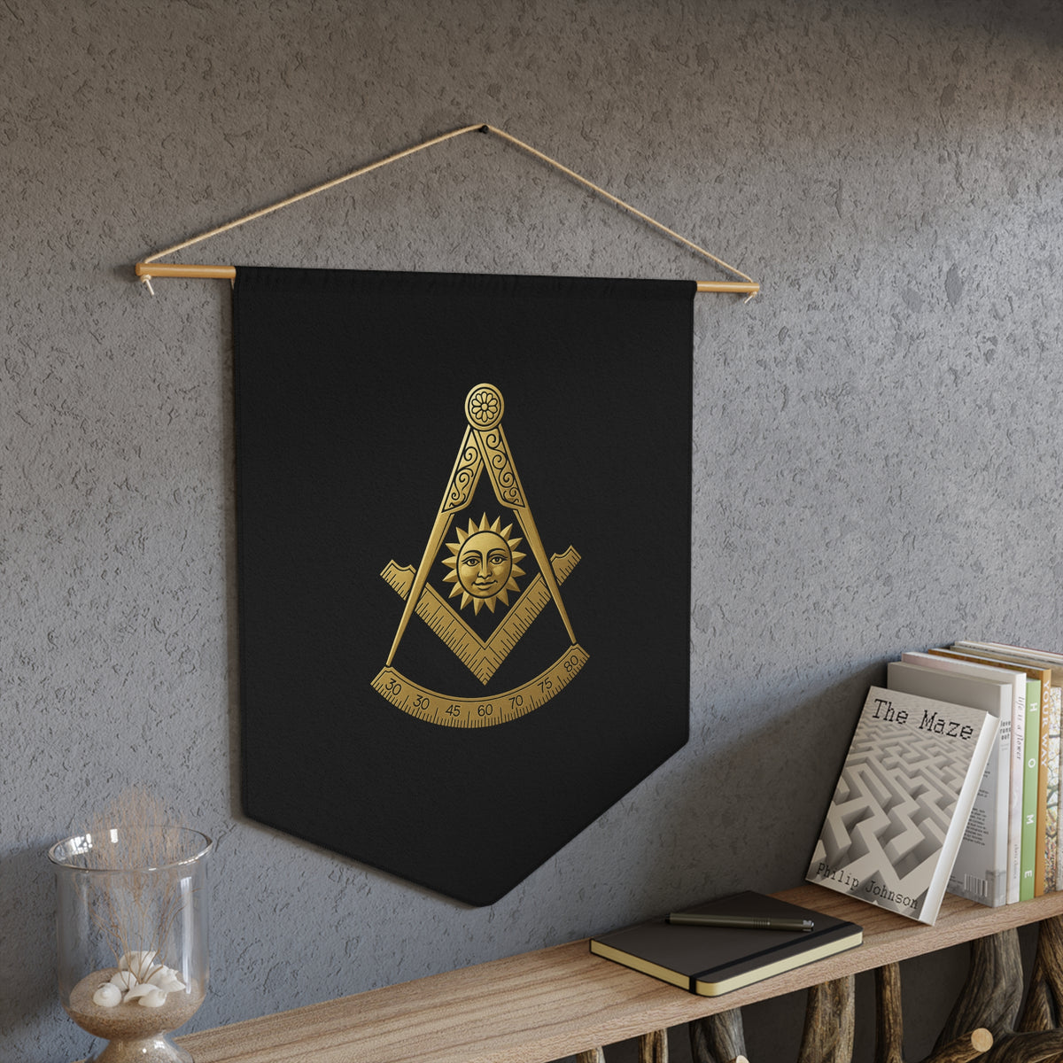 Past Master Blue Lodge Pennant - S&C with Sun and Quadrant on Black Polyester Twill - Bricks Masons