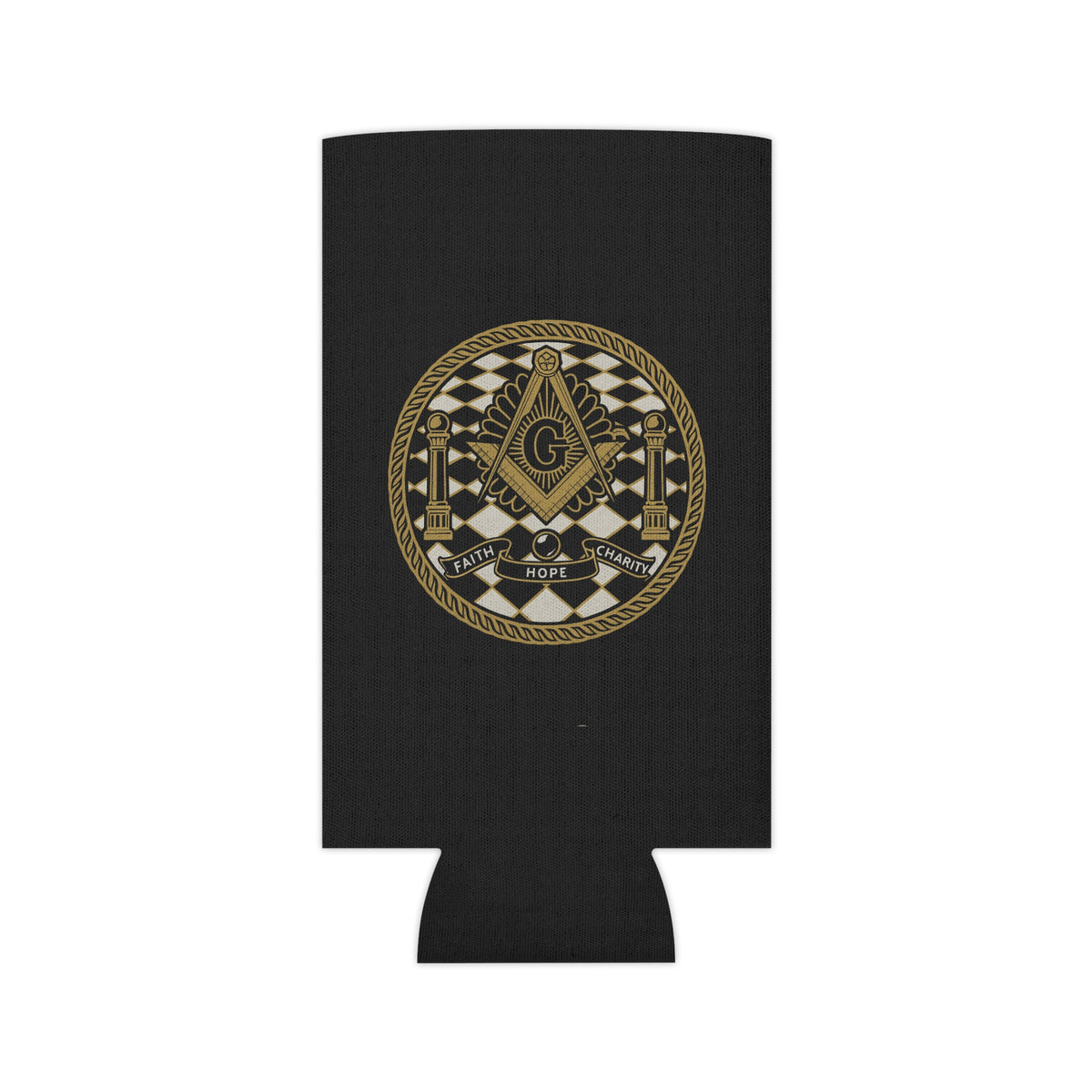 Master Mason Blue Lodge Can Cooler - Faith Hope Charity Gold Square & Compass - Bricks Masons
