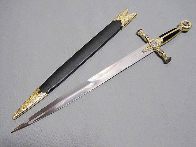 Fellowcraft Blue Lodge Sword - Square Compass Gold Knife W/ Scabbard Gold 25.3" - Bricks Masons
