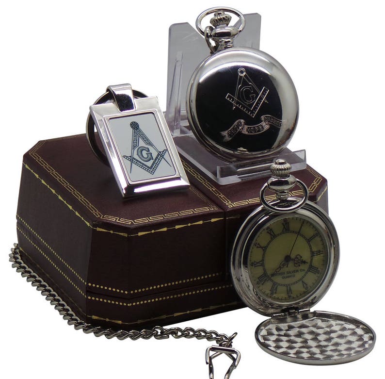 Master Mason Blue Lodge Pocket Watch - Full Hunter Real Silver Plated with Keyring Compass - Bricks Masons