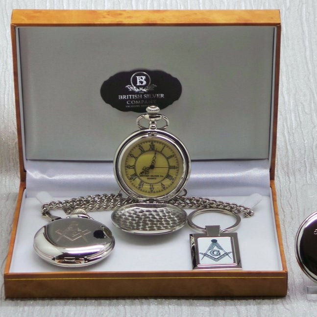 Master Mason Blue Lodge Pocket Watch - With Keyring Gift Set Case & Certificate Custom Engraved - Bricks Masons