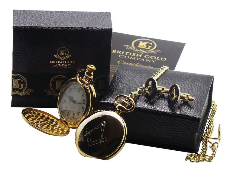 Master Mason Blue Lodge Pocket Watch - Full Hunter Gift Set with Cufflinks & Certificate - Bricks Masons