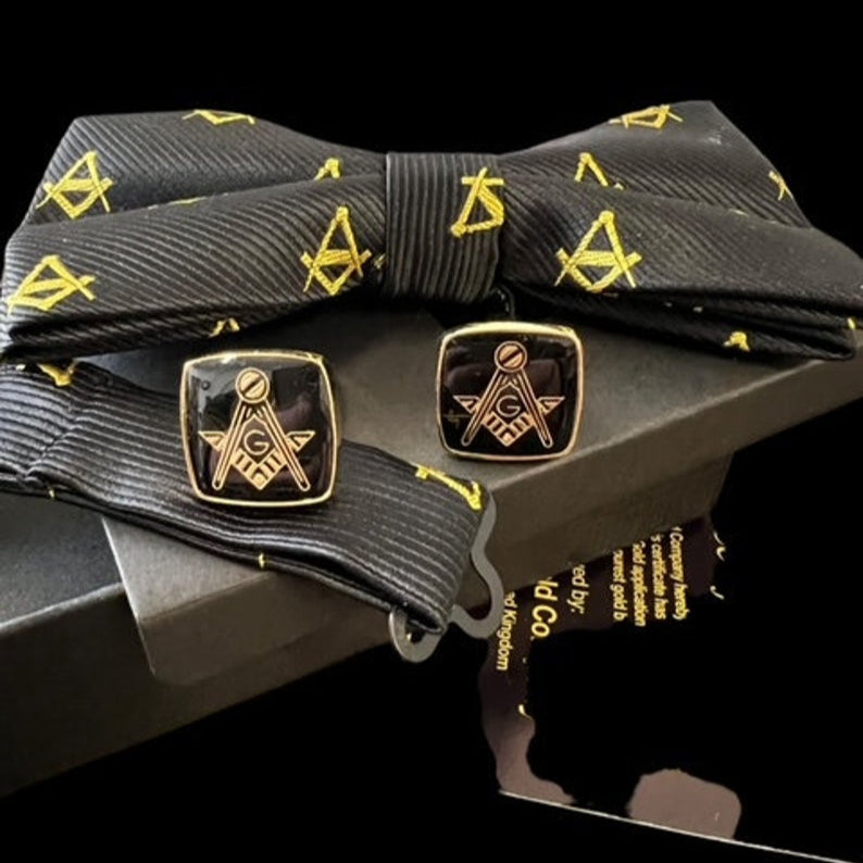 Master Mason Blue Lodge Cufflinks - With a Bow Tie Set Square & Compass - Bricks Masons