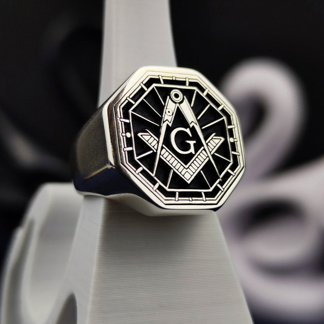 Master Mason Blue Lodge Ring - Black & Silver Handcrafted Square & Compass G - Bricks Masons