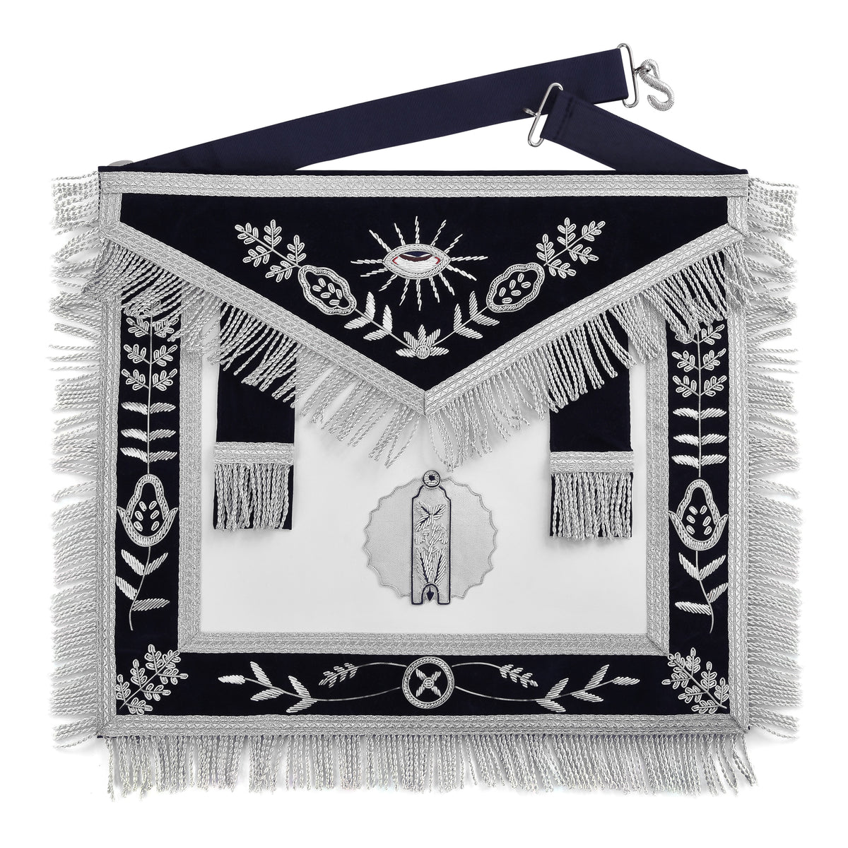 Junior Warden Blue Lodge Officer Apron - Dark Blue With Silver Hand Embroidery Bullion - Bricks Masons