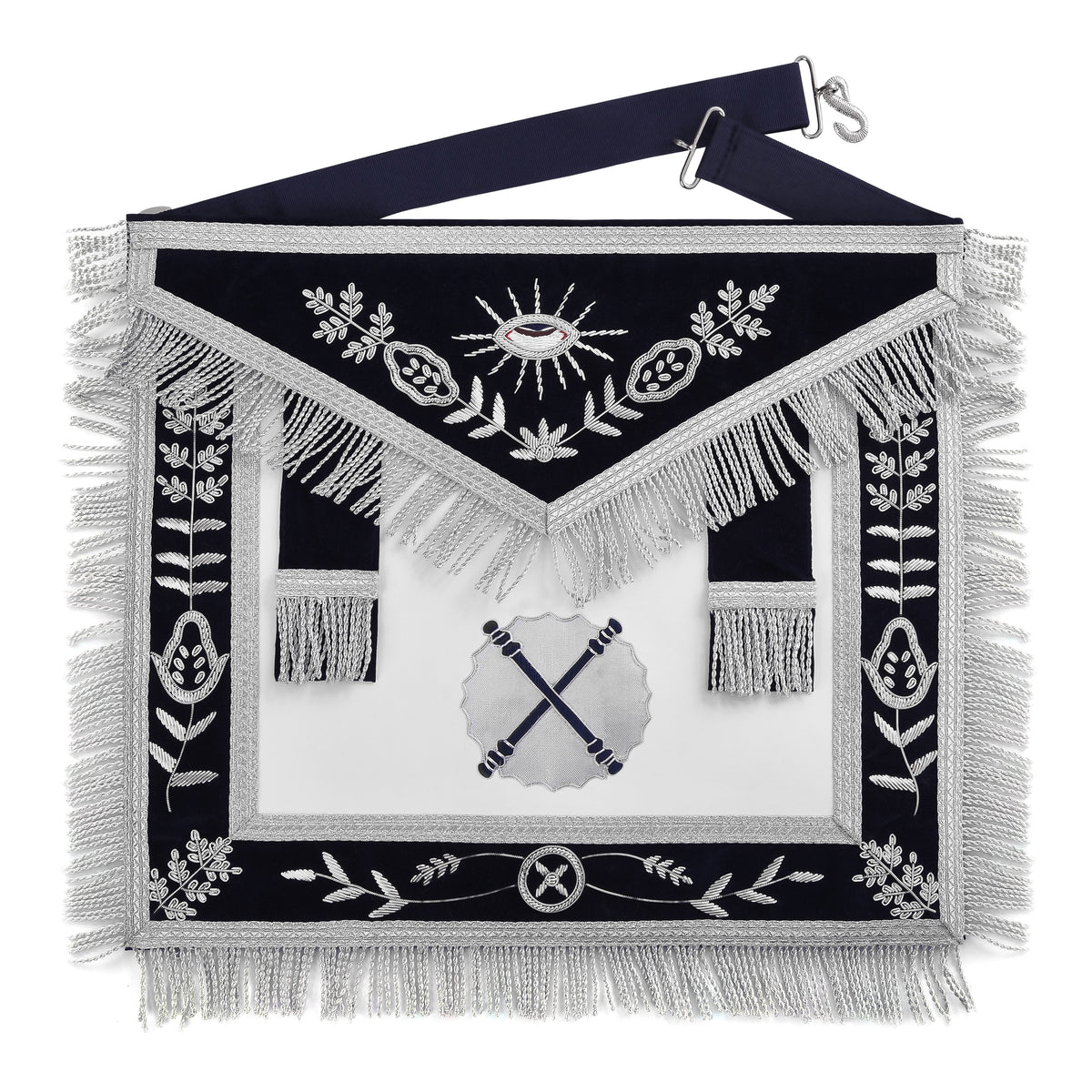 Marshal Blue Lodge Officer Apron - Dark Blue With Silver Hand Embroidery Bullion - Bricks Masons