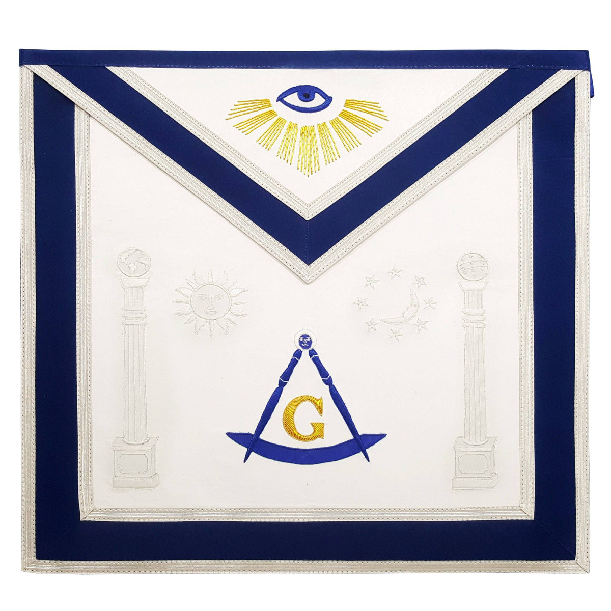 Master Mason Blue Lodge Apron - Sun, Moon & Pillars Hand Embroidery - Bricks Masons