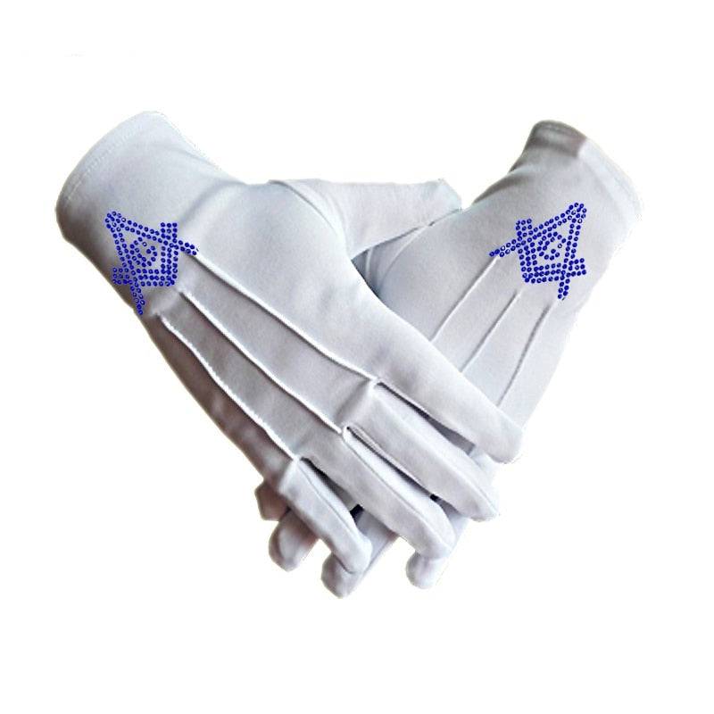 Master Mason Blue Lodge Gloves - Polyester With Square and Compass G Rhinestone - Bricks Masons