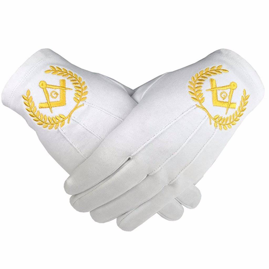 Master Mason Blue Lodge Gloves - White Cotton with Yellow Square & Compass G - Bricks Masons