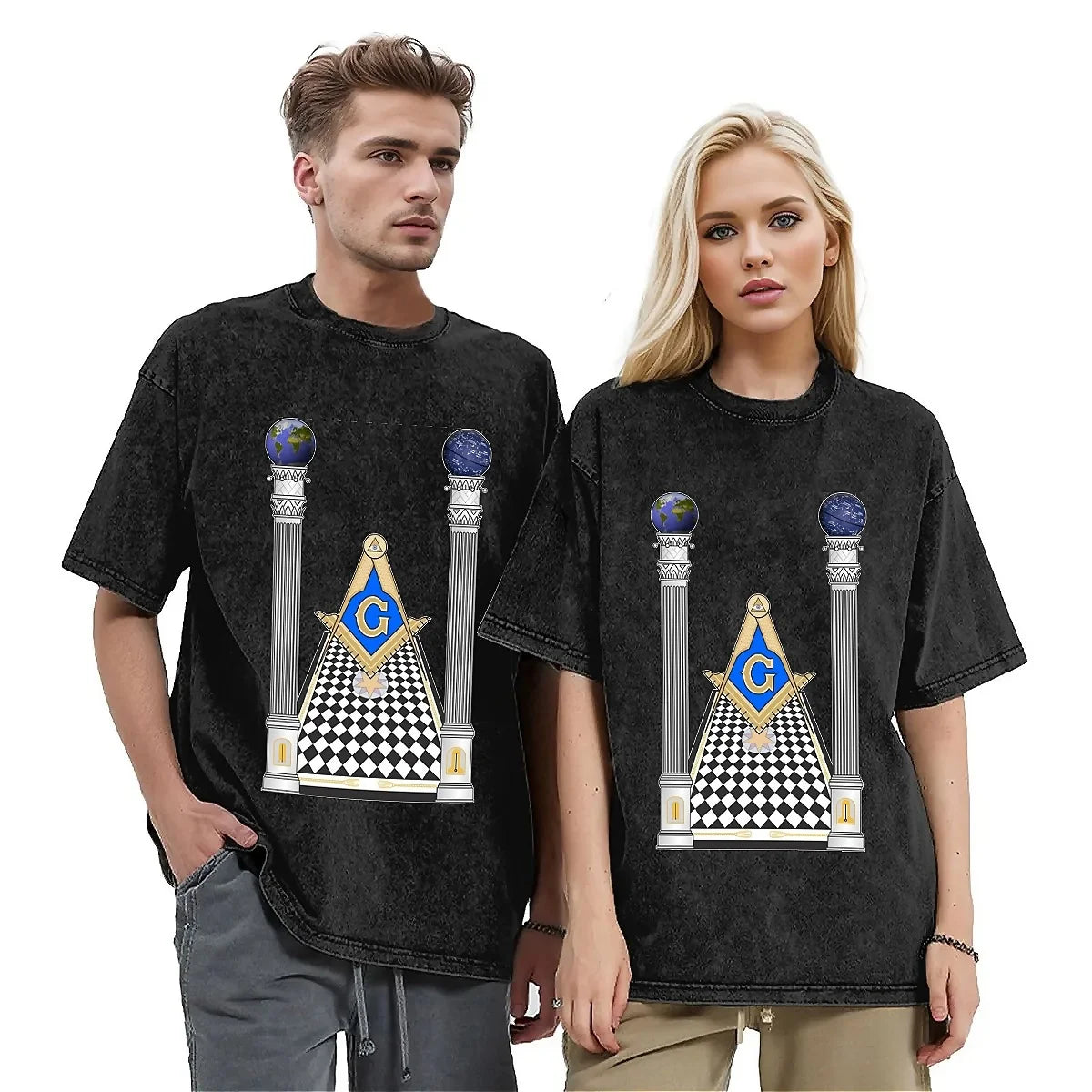 Master Mason Blue Lodge T-Shirt - Square & Compass With Pillars - Bricks Masons