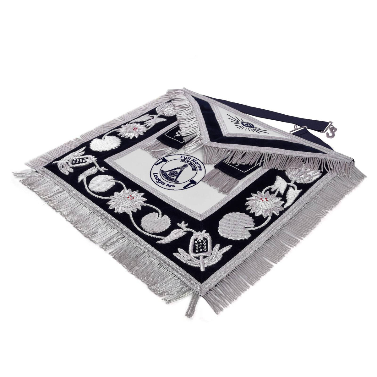 Past Master Blue Lodge Apron - Hand Embroidery Silver Bullion With Blue Velvet - Bricks Masons