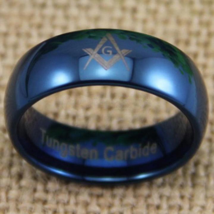 Master Mason Blue Lodge Ring - Blue Dome Tungsten Personalizable - Bricks Masons