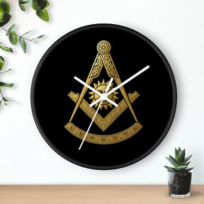 Past Master Blue Lodge Clock - Square Compass Sun & Quadrant Emblem on Wood Frame - Bricks Masons