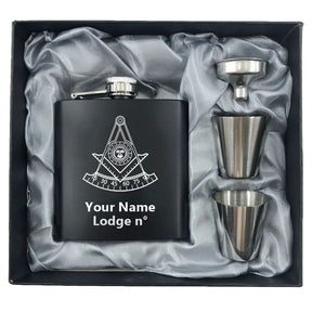 Past Master Blue Lodge California Regulation Flask - 2 Shot Glasses & Funnel - Bricks Masons