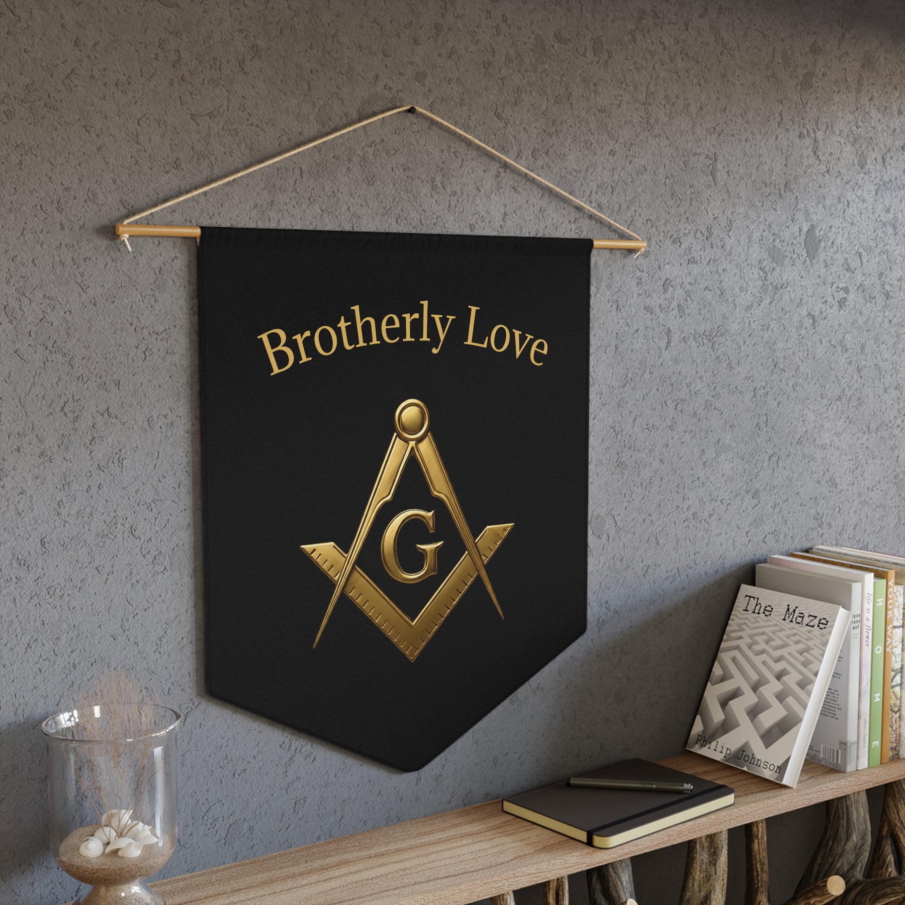 Master Mason Blue Lodge Pennant - Square & Compass G with Brotherly Love Motto - Bricks Masons