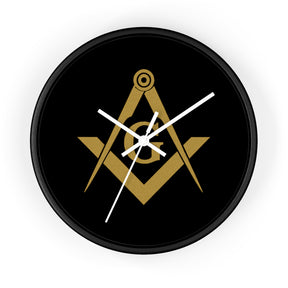Master Mason Blue Lodge Clock - Shiny Golden S&C G on Black Dial - Bricks Masons