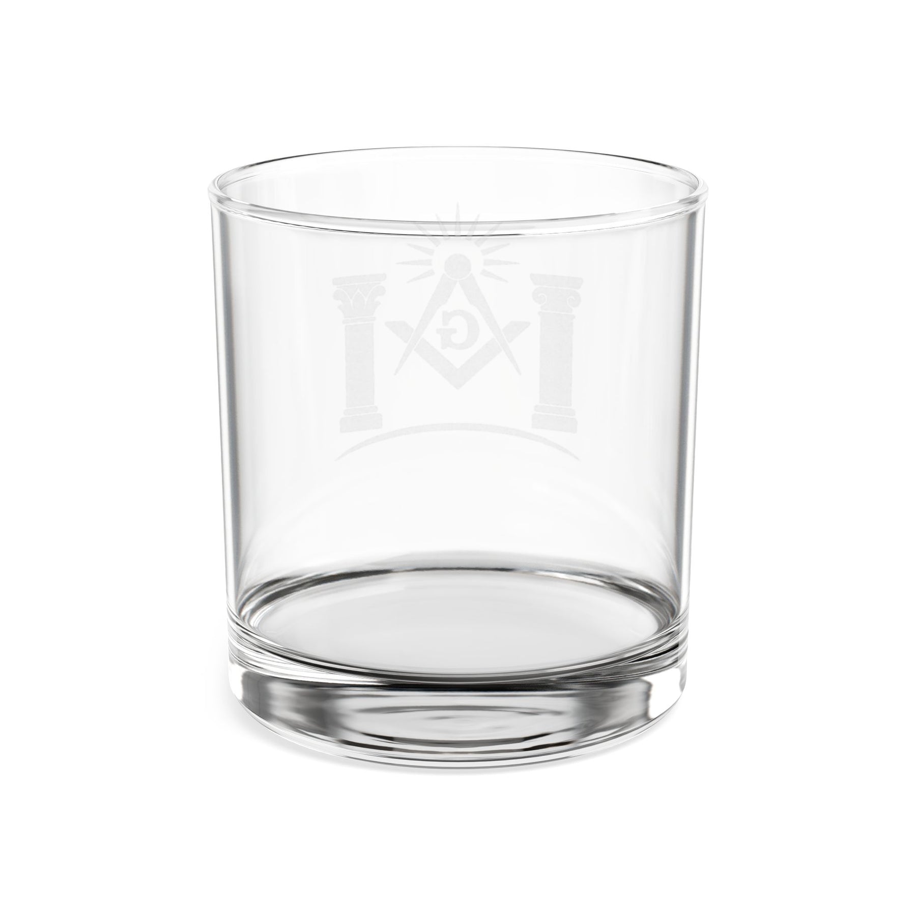 Master Mason Blue Lodge Whiskey Glass - Square & Compass G with Twin Pillars and Light