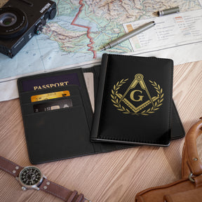 Master Mason Blue Lodge Passport Cover - Black & Gold With Wreath PU Leather - Bricks Masons