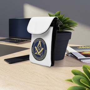 International Masons Cell Phone Wallet - White Microfiber Leather Hands-Free Wallet - Bricks Masons
