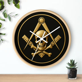 Widows Sons Clock - Square & Compass with Skull Emblem on Wooden Frame - Bricks Masons