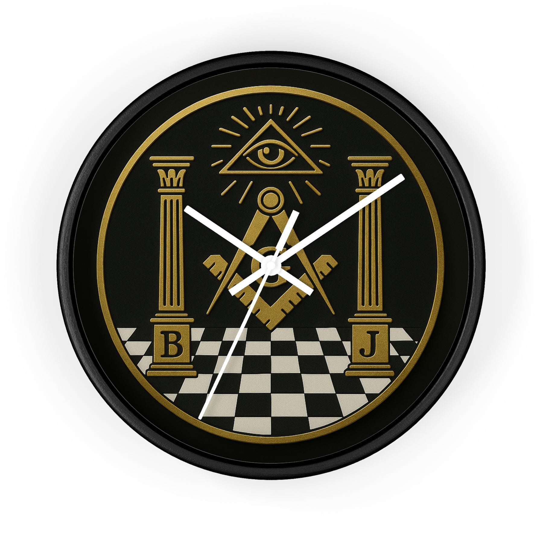 Master Mason Blue Lodge Clock - S&C with Pillars in Wooden Frame - Bricks Masons