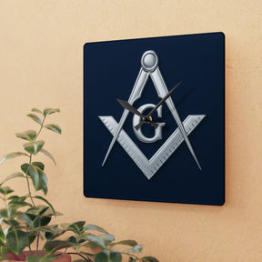 Master Mason Blue Lodge Clock - Compass & Square Symbol on Blue Dial - Bricks Masons