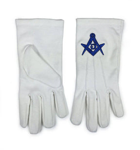 Master Mason Blue Lodge Gloves - White Cotton Machine Embroidery