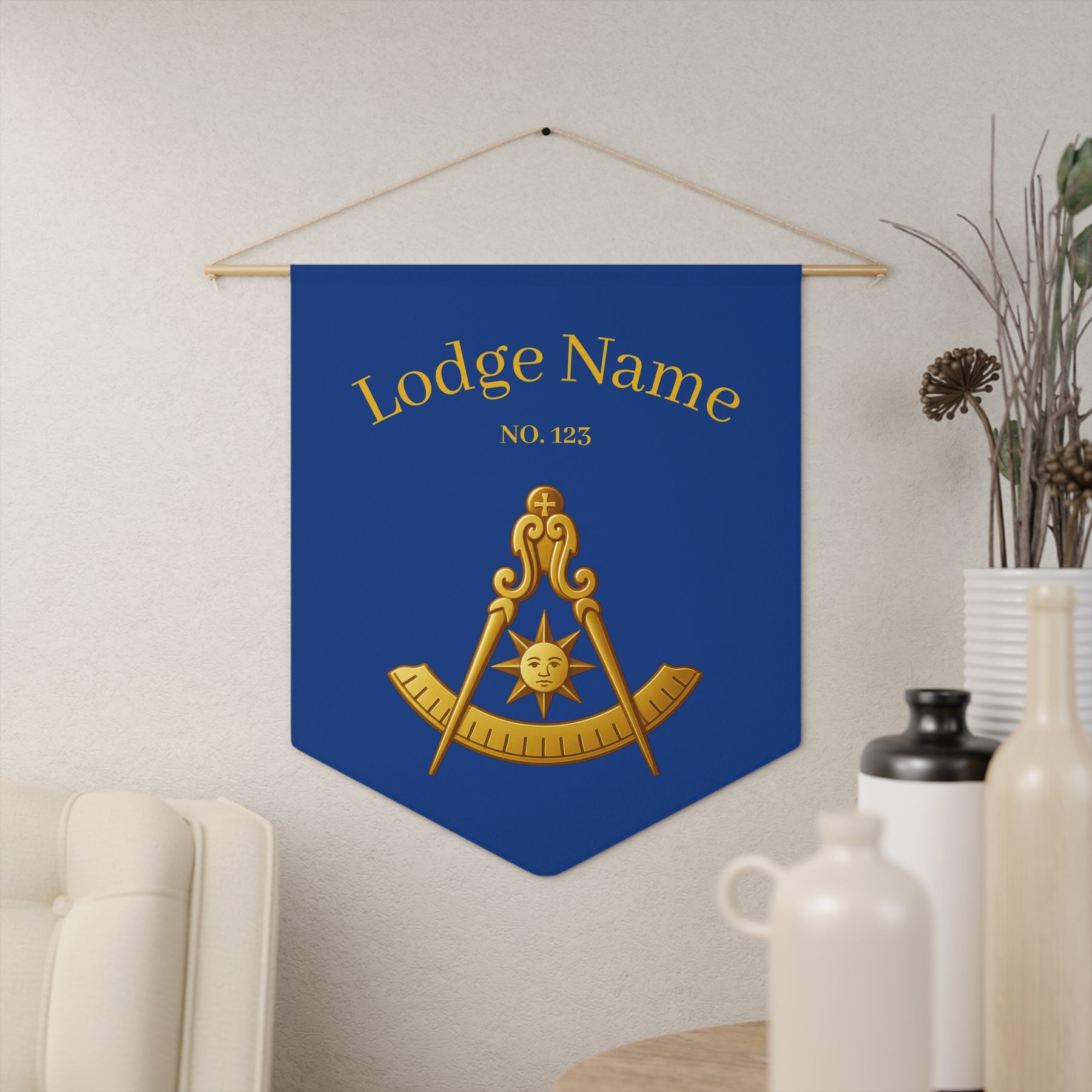 Past Master Blue Lodge Pennant - Custom Gold & Blue with Compass & Quadrant Sun - Bricks Masons