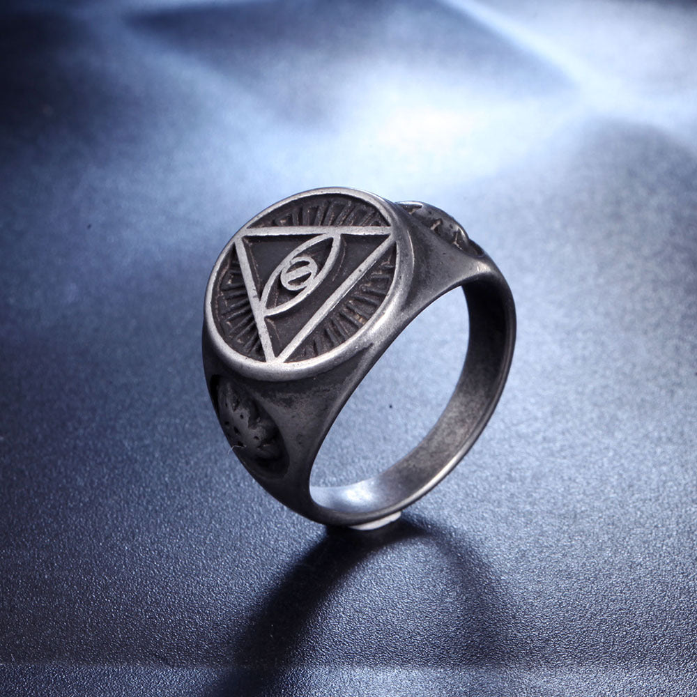 Eye Of Providence Ring - Stainless Steel In Vintage Stone Color - Bricks Masons