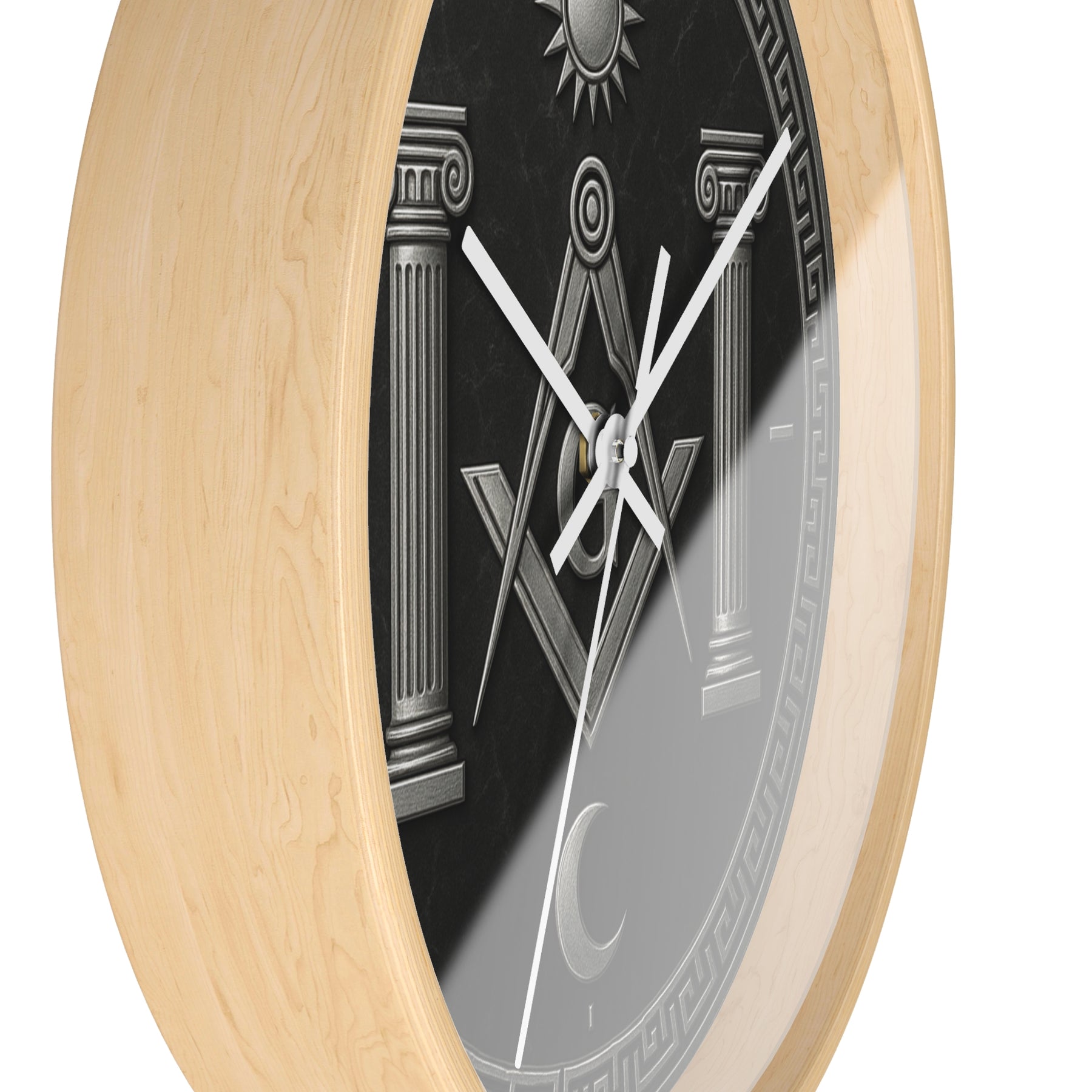 Master Mason Blue Lodge Clock - S&C with Pillars Sun & Moon on Wooden Frame - Bricks Masons