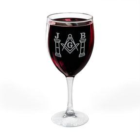 Master Mason Blue Lodge Wine Glass - Square & Compasses with J&B Pillars Emblem - Bricks Masons