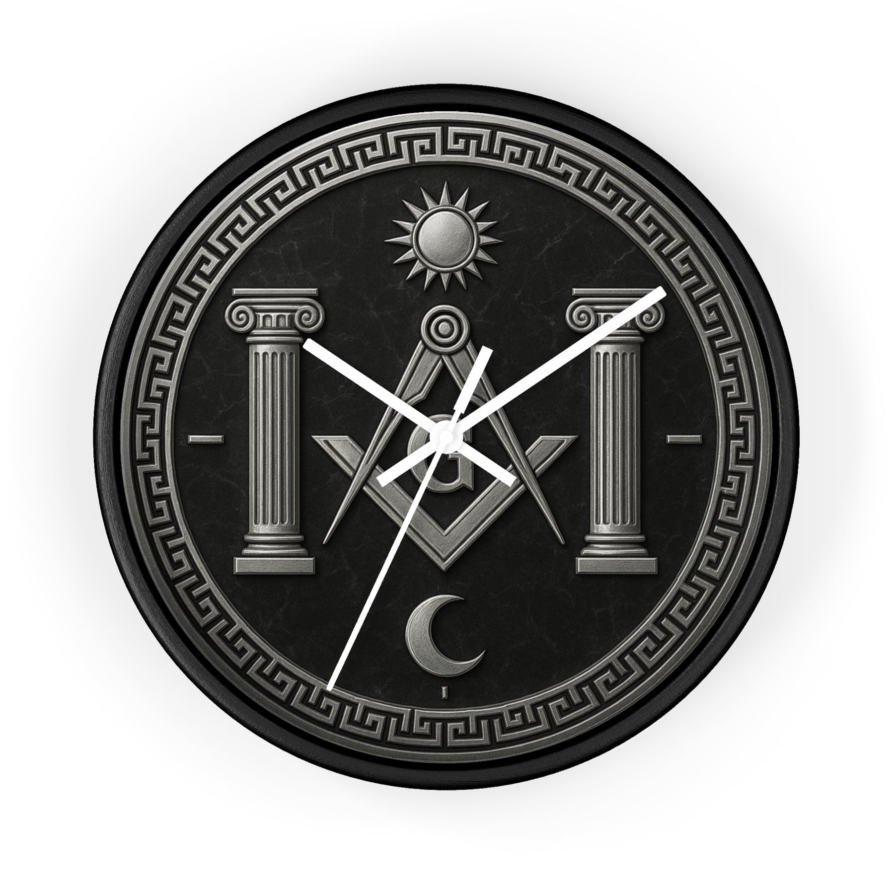 Master Mason Blue Lodge Clock - S&C with Pillars Sun & Moon on Wooden Frame - Bricks Masons