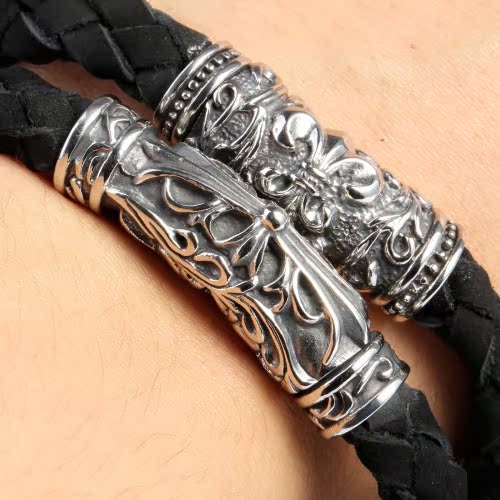 Knights Templar Commandery Bracelet - Silver & Black Leather Cross Bracelet With Magnetic Buckle - Bricks Masons