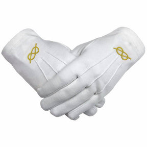 Masonic Gloves - White Cotton with Golden Knot Machine Embroidery