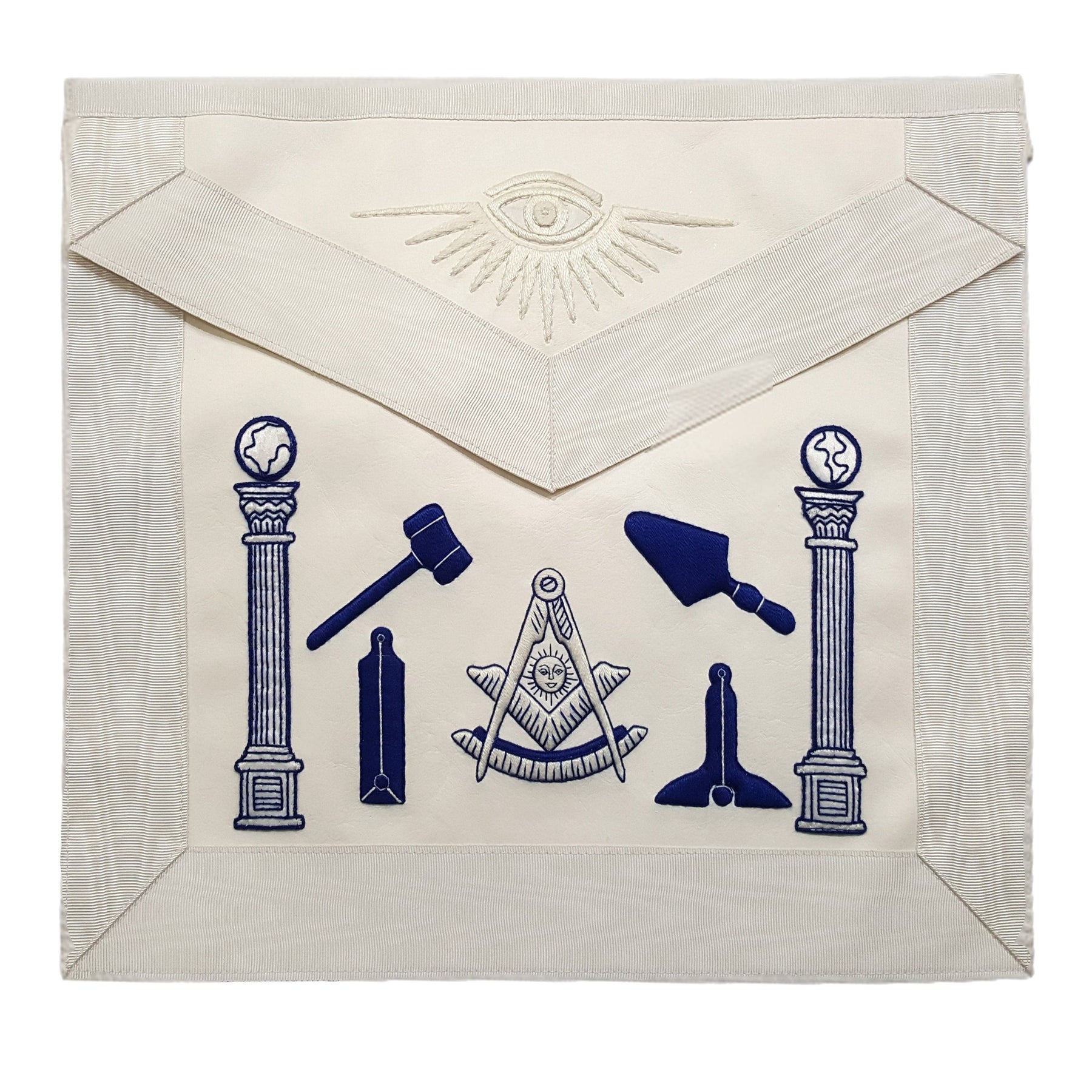 Past Master Blue Lodge Apron - Hand Embroidered Royal Blue & White Silk Thread.