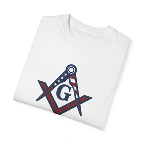 Master Mason Blue Lodge T-Shirt - Garment-Dyed USA Flag Mason - Bricks Masons