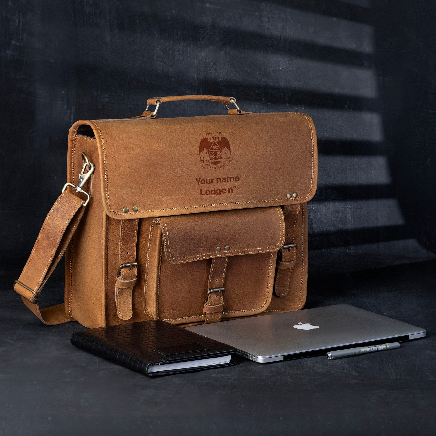 32nd Degree Scottish Rite Briefcase - Wings Down Genuine Cow Leather - Bricks Masons