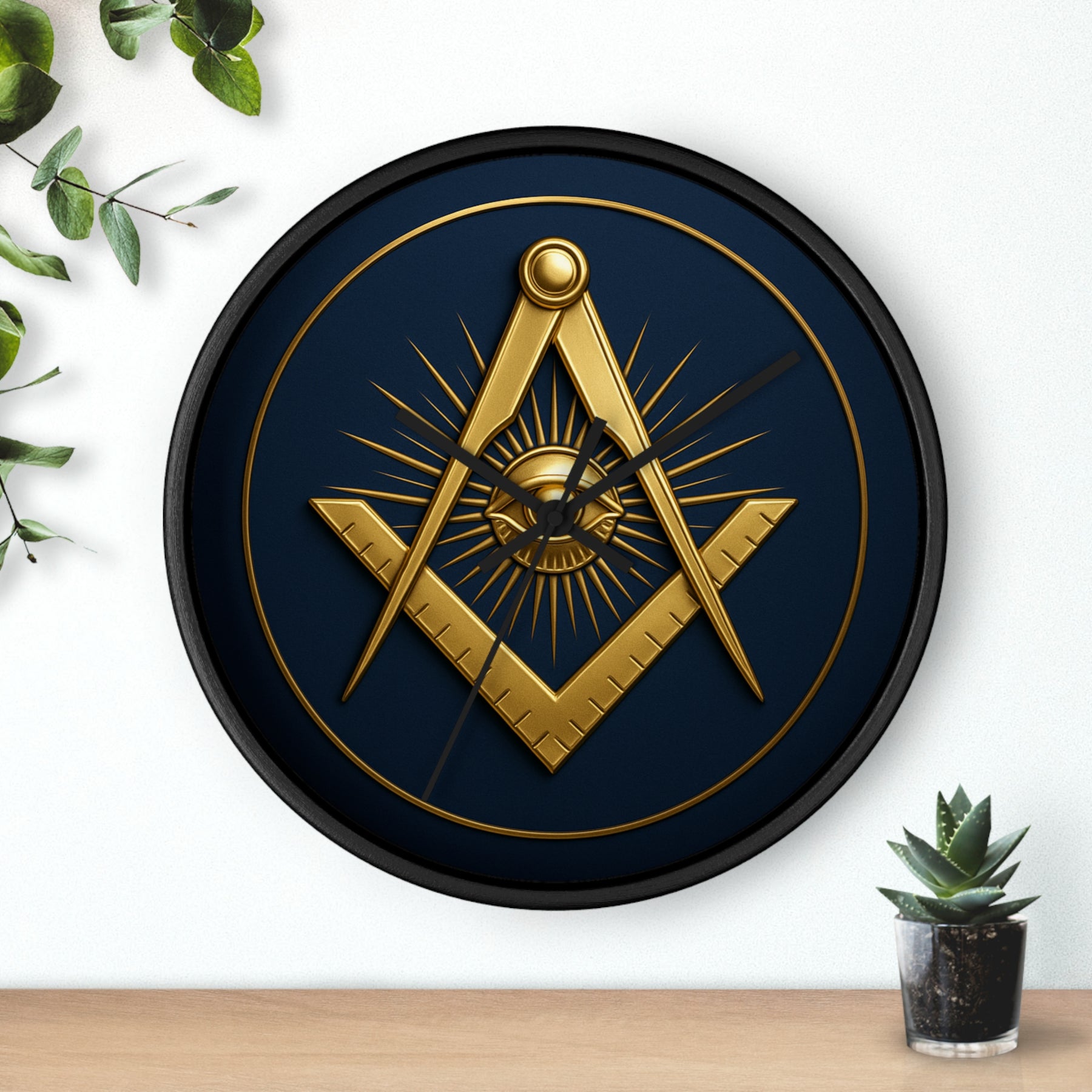Master Mason Blue Lodge Clock - Wood Frame with Eye Square & Compass Symbol - Bricks Masons