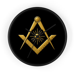 Master Mason Blue Lodge Clock - Golden S&C with Sun in Wooden Frame - Bricks Masons