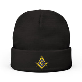 Master Mason Blue Lodge Beanie - Knit Embroidery Gold & Blue Square and Compass G - Bricks Masons