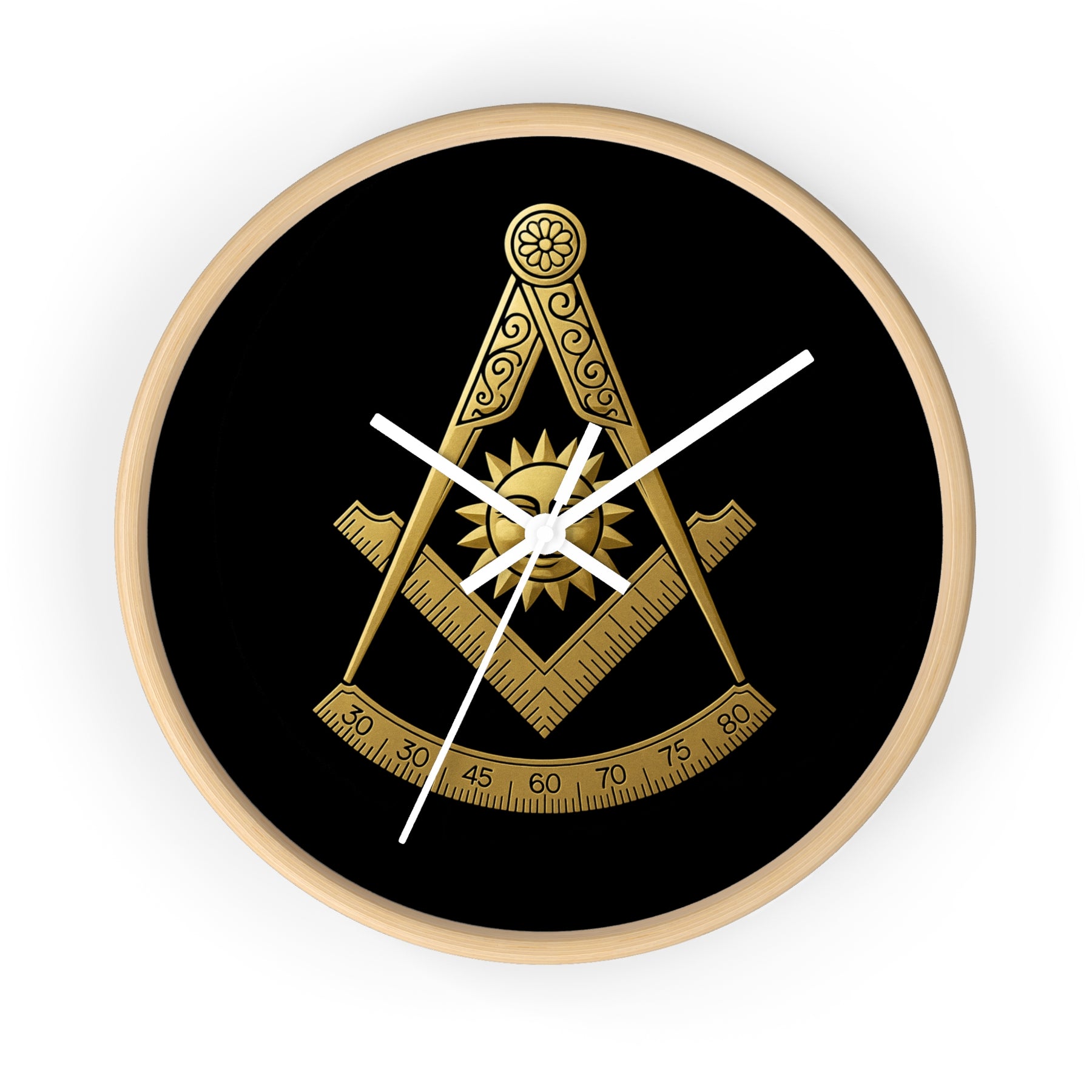 Past Master Blue Lodge Clock - Square Compass Sun & Quadrant Emblem on Wood Frame - Bricks Masons