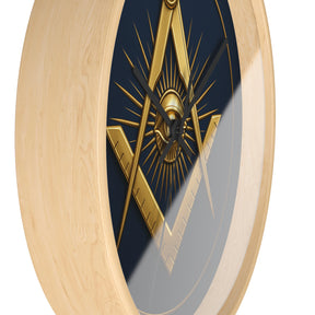 Master Mason Blue Lodge Clock - Wood Frame with Eye Square & Compass Symbol - Bricks Masons