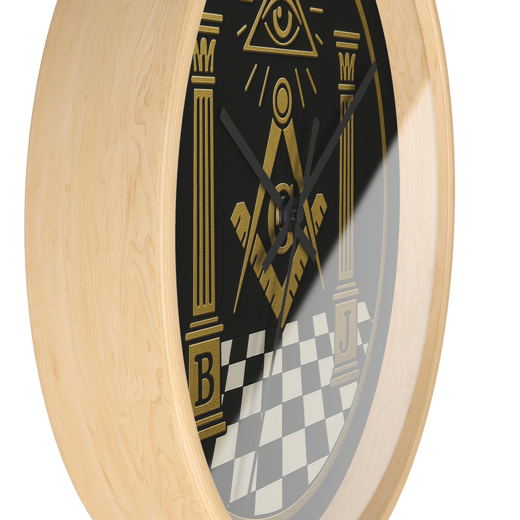 Master Mason Blue Lodge Clock - S&C with Pillars in Wooden Frame - Bricks Masons