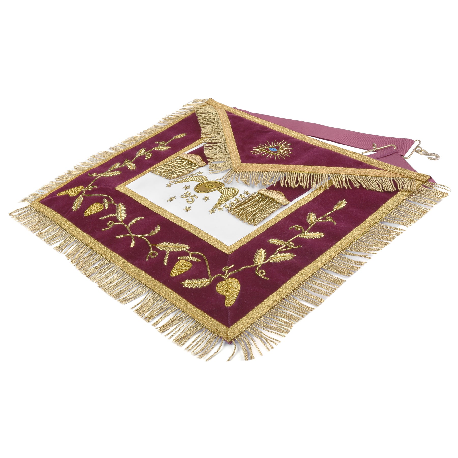 95th Degree Memphis Misraim Apron - Burgundy Velvet With Gold Hand Embroidery Bullion - Bricks Masons