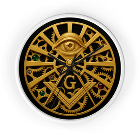 Master Mason Blue Lodge Clock - All Seeing Eye S&C Gear in Wooden Frame - Bricks Masons