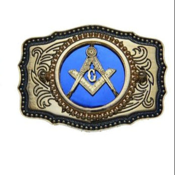 Master Mason Blue Lodge Belt Buckle -  Blue Raised Square & Compass