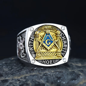 Master Mason Blue Lodge Ring - Sterling Silver Faith Hope and Charity with S&C G