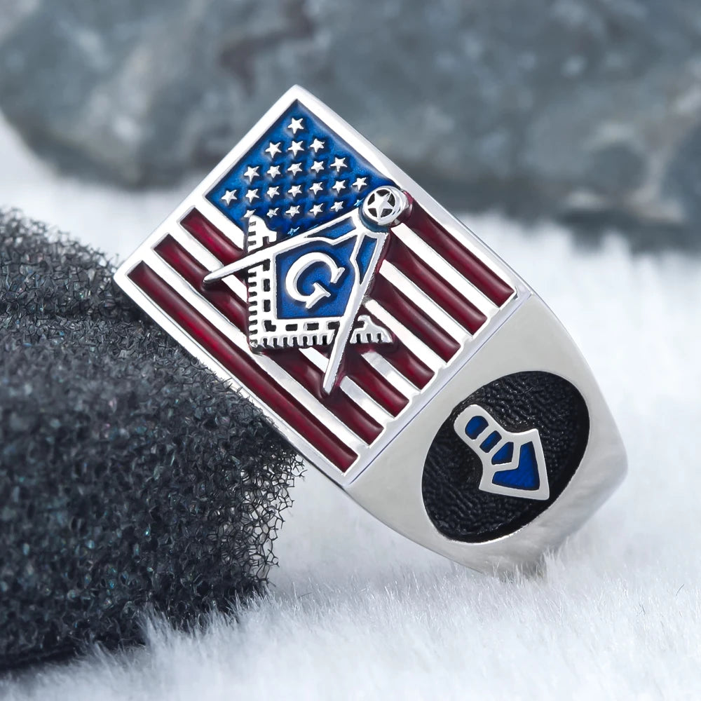 Master Mason Blue Lodge Ring - 925 Sterling Silver US American Flag - Bricks Masons