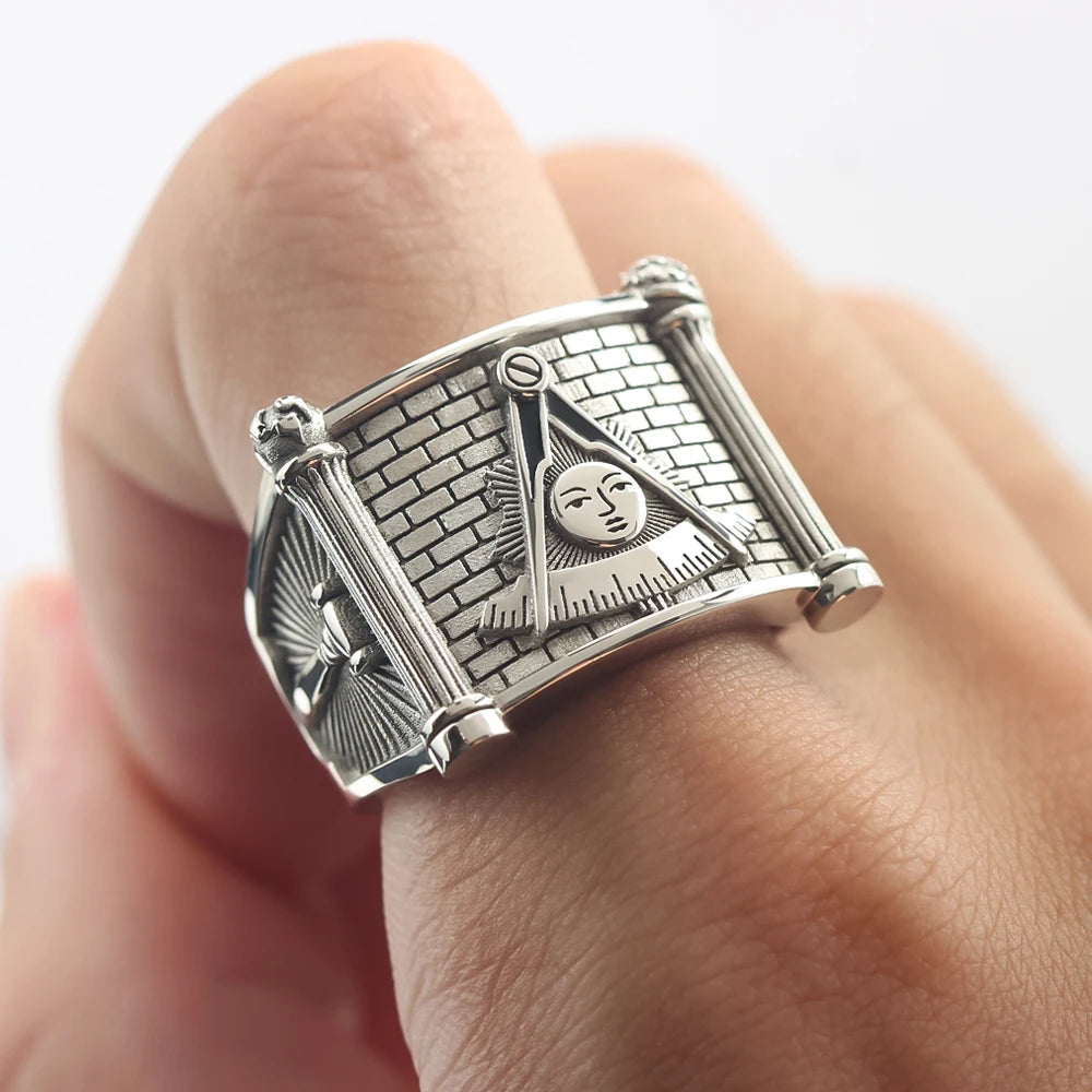 Past Master Blue Lodge Ring - Quadrant & Compass Sun with Twin Pillars Sterling Silver