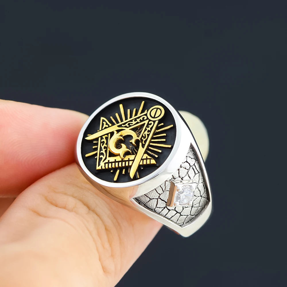 Master Mason Blue Lodge Ring - Sterling Silver S&C G with Stones On The Sides